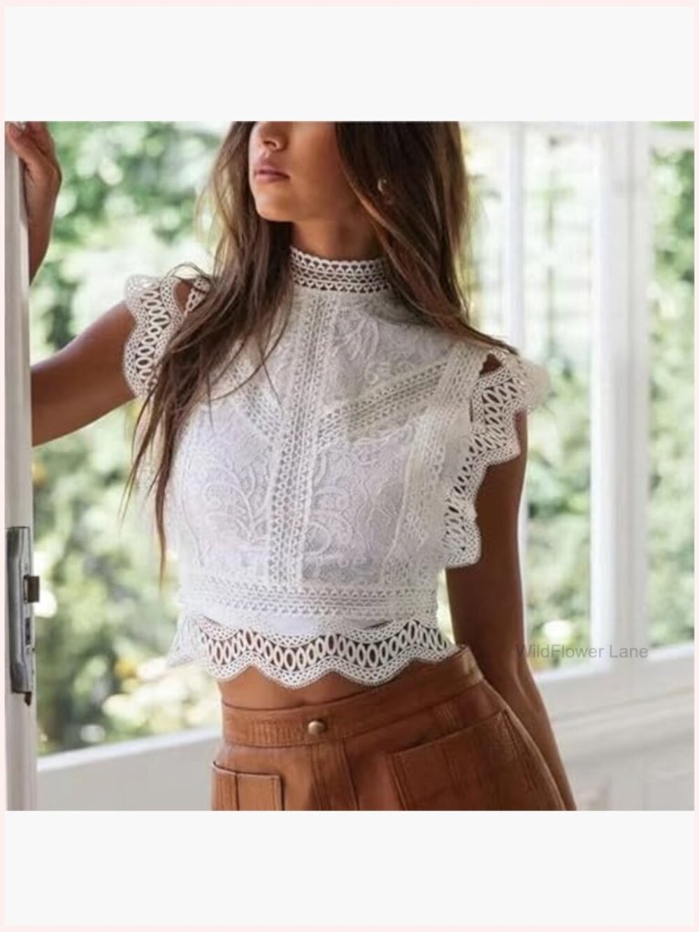 Sleeveless Lace Blouse Elegant Ruffle Trim Summer Top - Picture 2 of 6